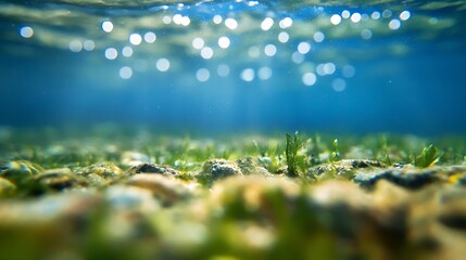 Poster - Underwater view of rich aquatic plants thriving on sandy riverbed in sunlight : Generative AI