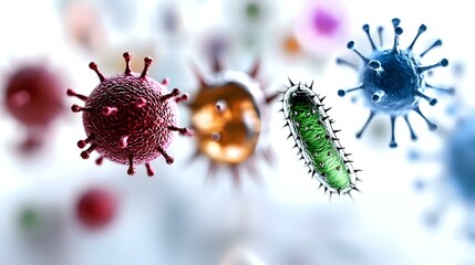 Poster - Colorful microscopic viruses and bacteria floating in blurred background, medical science visualization showing different pathogens and microorganisms in detail.