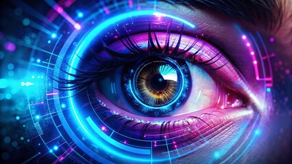 Poster - Futuristic Cybereye: Digital Interface Projected on Eye at Night