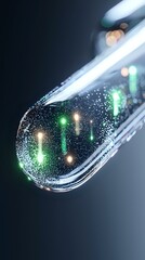 Poster - Macro shot of water drop with sparkling bokeh lights reflecting through liquid surface creating magical atmosphere. Green and warm light spots shine within.