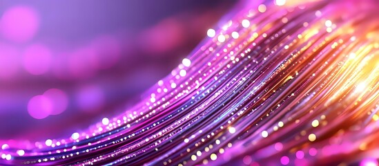 Poster - glowing fiber optic waves with pink and golden bokeh lights creating abstract technological backgrou