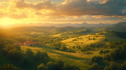  Sunset Over Rolling Hills and Farmhouse, A serene landscape at sunset with rolling hills, a farmhouse, and distant mountains