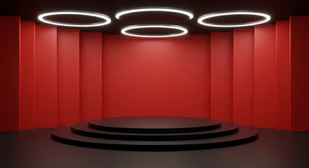 Poster - A red room with a black stage and a white circle in the middle