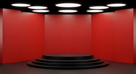 Poster - A red room with a black stage and a black podium