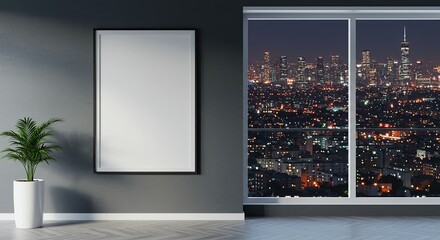 Poster - A large empty wall with a white frame and a large window overlooking a city