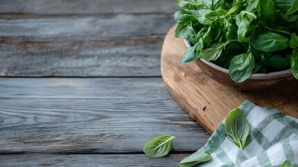 Poster - Fresh basil leaves placed in a bowl on wooden background with a checkered cloth : Generative AI
