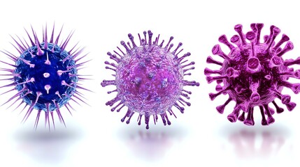 Poster - microscopic virus cells in blue, purple and pink colors with spiky surface proteins on white backgro