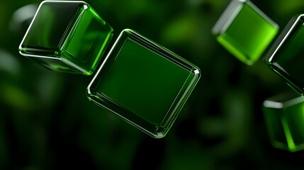 Poster - Translucent green glass cubes floating on dark background with soft bokeh effect and reflective surfaces create modern minimalist composition for technology designs.