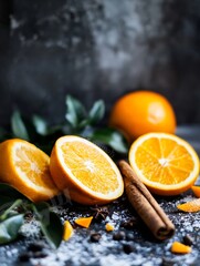 Poster - Vibrant Oranges Halved on Dark Surface with Cinnamon Sticks and Leaves for Seasonal Decoration : Generative AI