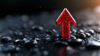 Poster - Red glowing arrow pointing upward on dark wet stones background with water drops, dramatic lighting and shallow depth of field for business concept.