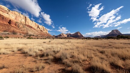 Poster - Stunning panoramic view of arid desert landscape under a bright blue sky with fluffy clouds : Generative AI