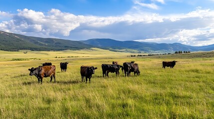 Poster - Herd of cows grazing peacefully in a picturesque meadow under a vast blue sky and mountain backdrop : Generative AI