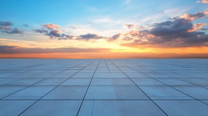 Poster - Expansive View of a Flat White Tiled Surface Under a Bright Colorful Sunset Sky : Generative AI