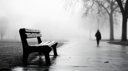 Poster - A solitary park bench in foggy weather creates a serene atmosphere inviting contemplation and reflection : Generative AI