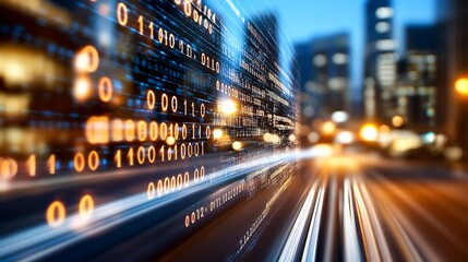 Poster - Futuristic cityscape with blurred lights and digital numbers conveying rapid data flow at night : Generative AI