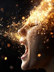 Poster - Dynamic portrait of a person expressing powerful emotions with golden dust particles swirling around the face : Generative AI