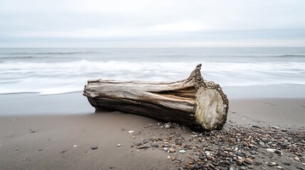 Aufkleber - A wooden log rests on the sandy beach with gentle ocean waves in the background under a peaceful sky : Generative AI