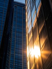 Poster - City skyline at sunset with glass buildings reflecting warm light in an urban environment : Generative AI