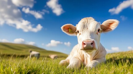 Poster - Adorable Calf Relaxing in Green Pasture Under a Bright Blue Sky : Generative AI