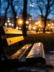 Aufkleber - Misty evening scene on a park bench with glowing lights and wet surface reflecting nature : Generative AI
