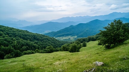 Aufkleber - Expansive mountain landscape captured under a dramatic sky with lush greenery and rolling hills : Generative AI