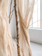 Poster - Soft Natural Linen Drapes Intertwined with Tree Branches in a Bright Indoor Space : Generative AI