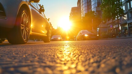 Poster - Glistening Sunset Over City Streets with Cars Driving in Golden Hour Light : Generative AI