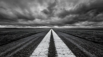 Aufkleber - Endless road disappearing into the horizon under a dramatic sky filled with ominous clouds and mystery : Generative AI