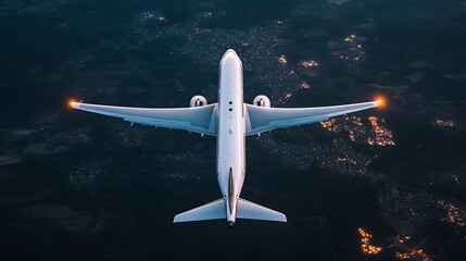 Poster - Airplane in flight above a twinkling city landscape captured during the evening twilight : Generative AI