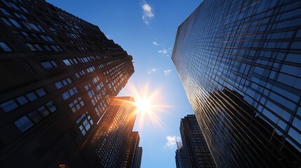 Poster - Stunning View of Skyscrapers with Sunburst and Clear Sky Reflection : Generative AI