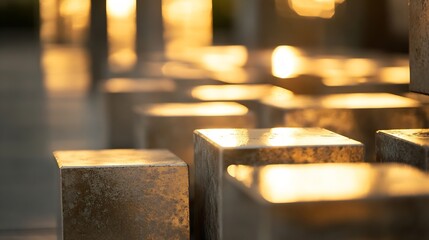 Aufkleber - Abstract illuminated blocks reflecting golden light in a modern architectural setting showcasing premium design and elegance : Generative AI