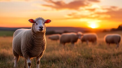Poster - A curious sheep stands in a field during sunset surrounded by other sheep set against a dramatic orange sky : Generative AI