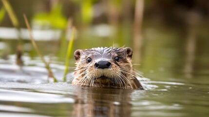 Poster - Adorable otter swimming playfully in clear water surrounded by natural greenery and beautiful reflections : Generative AI