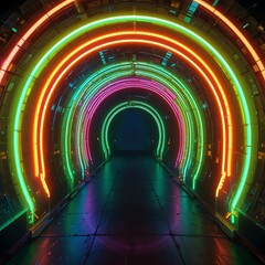 Poster - Neon Tunnel Sci-fi Corridor with Glowing Arches and Reflections