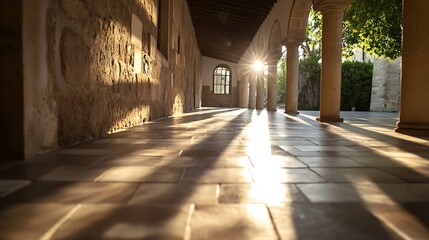 Poster - Beautiful sunlit corridor view with classic architecture featuring stone walls and natural light streaming in : Generative AI