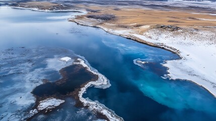 Poster - Aerial view of serene river and land landscape featuring crystal clear waters and rugged terrain in winter season : Generative AI