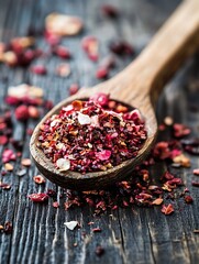 Aufkleber - Close up shot of colorful dried spice blend in a wooden spoon on rustic wooden surface : Generative AI