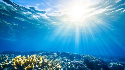Poster - Vibrant underwater coral reef sunlit from above creating a breathtaking marine landscape in the ocean : Generative AI
