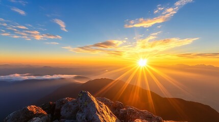 Aufkleber - Breathtaking sunrise view with sun rays shining over mountain peaks and valleys in a tranquil landscape : Generative AI