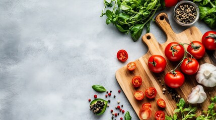 Poster - Fresh and Colorful Selection of Organic Tomatoes and Herbs on a Wooden Cutting Board : Generative AI