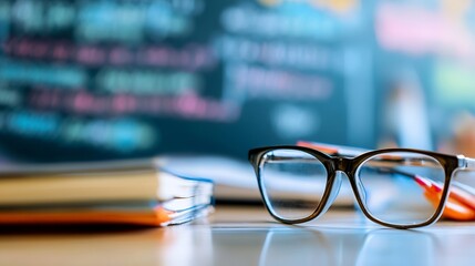 Poster - Closeup of stylish glasses on a table next to books reflecting a cozy study environment : Generative AI