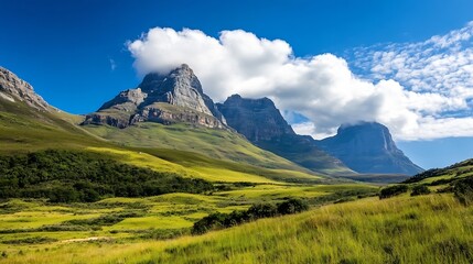 Poster - Stunning mountain landscape with lush green meadows and dramatic blue skies in a scenic outdoor setting : Generative AI