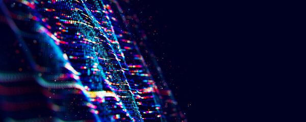 Poster - Abstract Big data digital stream waves. Information flow concept. LLM learning process, AI technology. Quantum computing. 3d render illustration
