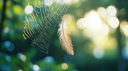 Wall Mural - Feather Caught in Spider Web with Blurred Background