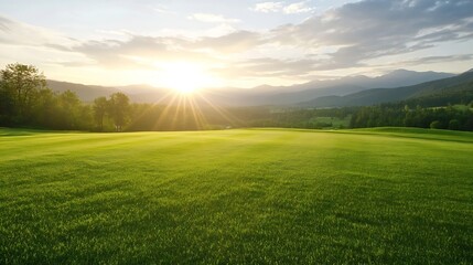 Poster - Expansive Green Field Under a Vibrant Sunset Sky Overlooking Majestic Mountains : Generative AI