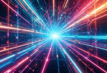 Poster - Neon geometric abstract glowing laser lines.