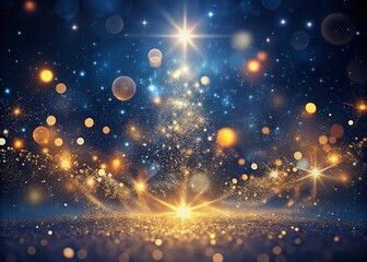 Poster - Glowing Cosmic Dust: Abstract Magic Surreal Photography with Golden Bokeh and Dark Blue Background