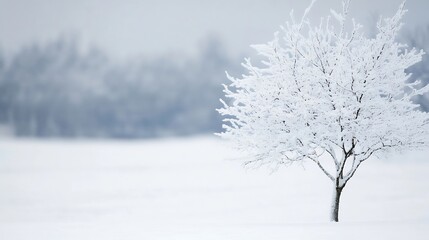 Poster - Isolated frostcovered tree standing in a snowy field creating a serene winter landscape under soft grey skies : Generative AI