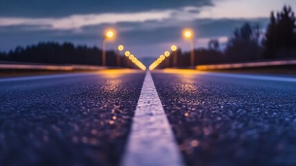 Aufkleber - Serene empty highway at dusk with glowing street lamps leading to the horizon : Generative AI