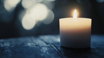 Poster - Candle light glowing softly on wooden table creating warm and inviting atmosphere for relaxation and peace : Generative AI